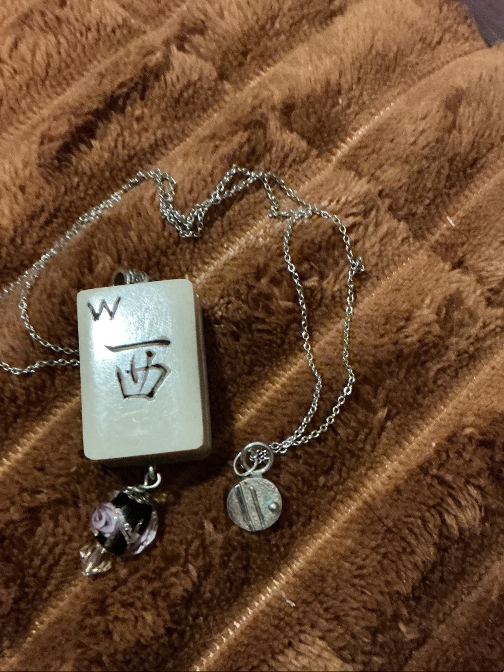 Mah Jong Tile Pendant and Black Floral Charm Sterling Necklace